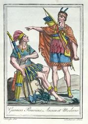 Starożytni i współcześni peruwiańscy wojownicy, ilustracja z „Encyclopedie des Voyages”, grawerowana przez Labrousse
